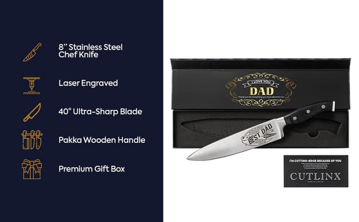 Fathers Day Gift “BEST DAD” - CutLinx Chef Knife Gift Set - 8 in. Stainless Carbon Steel Kitchen Knive w/Pakka Wood Handle - Birthday, Father's Day, Christmas, Anniversary, Housewarming, Holiday Gifts - Grill Parts America