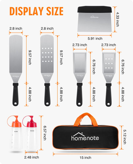 HOMENOTE Griddle Accessories Kit, Exclusive Griddle Tools Spatulas Set for Blackstone - 8 Pcs Commercial Grade Flat Top Grill Accessories - Great for Outdoor BBQ, Teppanyaki and Camping, Black - Grill Parts America