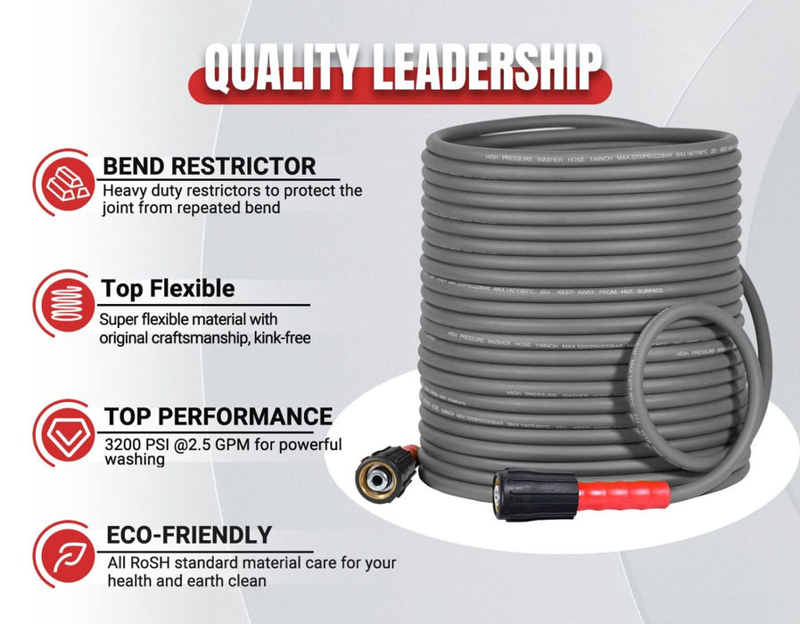 YAMATIC Super Flexible Pressure Washer Hose 50FT 1/4", Kink Resistant Power Washer Hose Replacement for Flexzilla Uberflex Ryobi Genarac Troy Bilt Honda Leak-Free M22 Fittings, 3200 PSI, Grey - Grill Parts America