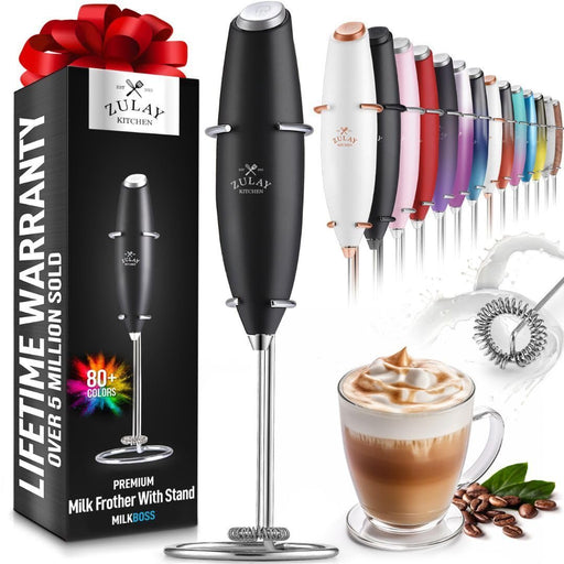 Zulay Kitchen Powerful Milk Frother Wand - Ultra Fast Handheld Drink Mixer - Electric Whisk Foam Maker for Coffee, Lattes, Cappuccino, Frappe, Matcha, Hot Chocolate & Coffee Creamer - Milk Boss Black - Grill Parts America