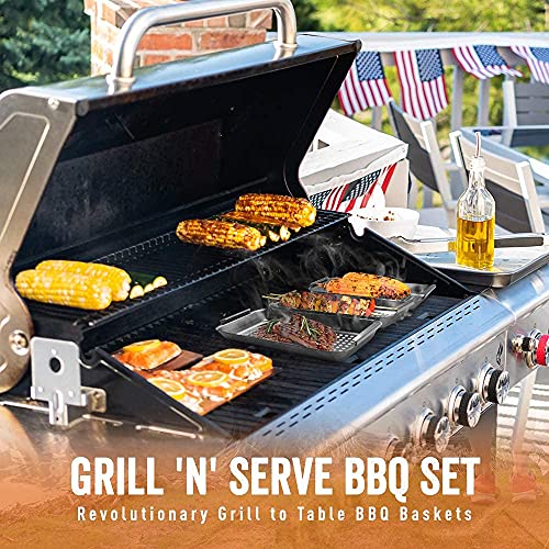 Yukon Glory™ BBQ 'N SERVE Grill Basket Set - Includes 3 Grilling Baskets a Serving Tray & Clip-on Handle - "Patented Grill-to-Table Design" Perfect For Grilling Fish Veggies & Meats - Grill Parts America