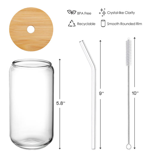 NETANY Drinking Glasses with Bamboo Lids and Glass Straw 4pcs Set - 16oz Can Shaped Glass Cups, Beer Glasses, Iced Coffee Glasses, Cute Tea Cup, Ideal for Cocktail, Whiskey, Gift - 2 Cleaning Brushes - Grill Parts America