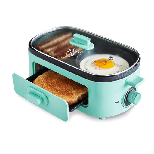 GreenLife 3-in-1 Breakfast Maker Station, Healthy Ceramic Nonstick Dual Griddles for Eggs Meat Sausage Bacon Pancakes and Breakfast Sandwiches, 2 Slice Toast Drawer, Easy-to-use Timer, Turquoise - Grill Parts America