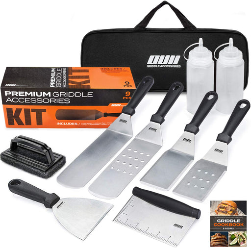 OUII Flat Top Griddle Accessories for Blackstone and Camp Chef Griddle - 9 Pieces Set with Griddle Cleaning Kit and Carry Bag! Metal Spatula, Scraper for Hibachi and Teppanyaki Grill - Grill Parts America