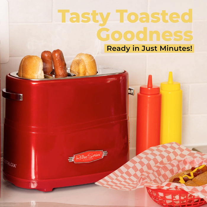 Nostalgia 2 Slot Hot Dog and Bun Toaster with Mini Tongs, Retro Toaster, Cooker that Works Chicken, Turkey, Veggie Links, Sausages Brats, Metallic Red - Grill Parts America