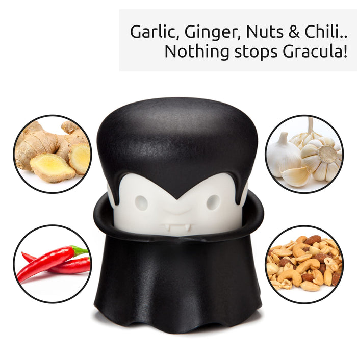 OTOTO Gracula Garlic Crusher, Garlic Peeler, Also for Ginger, Nuts, Chili, Herbs - Twist Top Mincer & Easy Squeeze Manual Press Peeler, Goth Gifts - Grill Parts America