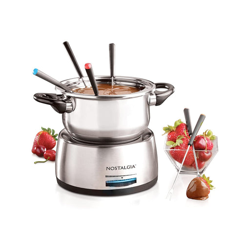 Nostalgia 6-Cup Electric Fondue Pot Set for Cheese & Chocolate - 6 Color-Coded Forks, Temperature Control - Stainless Steel Kitchen Gadgets and Appliances for Hors d'Oeuvres and More - Stainless Steel - Grill Parts America