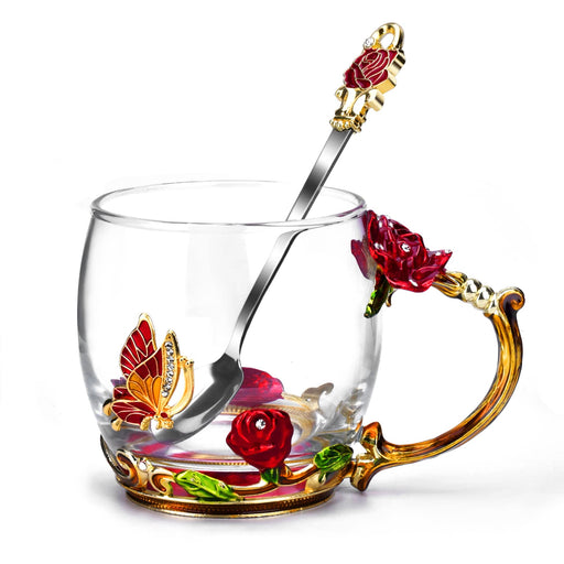 OEAGO Gifts for Mom Women Mothers Day Glass Coffee Enamels Mug Best Birthday Butterfly Rose Gifts for Her from Daughter Son Lead-Free Valentines Day Christmas Red Tea Cup with Spoon Set - Grill Parts America