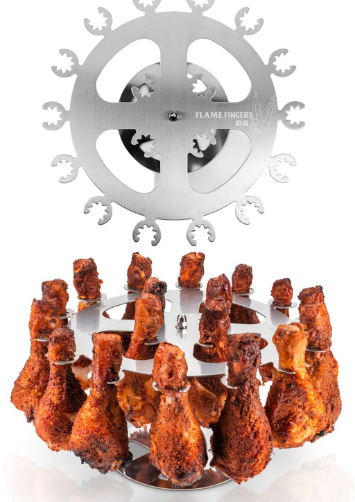 Flame Fingers XL Chicken Grill Rack - Holds 18 Legs, Wings, Thighs, Lollipops or Turkey Drumsticks. Stainless Rotating Design for use on Grills BBQ's Smokers Ovens - Grill Parts America