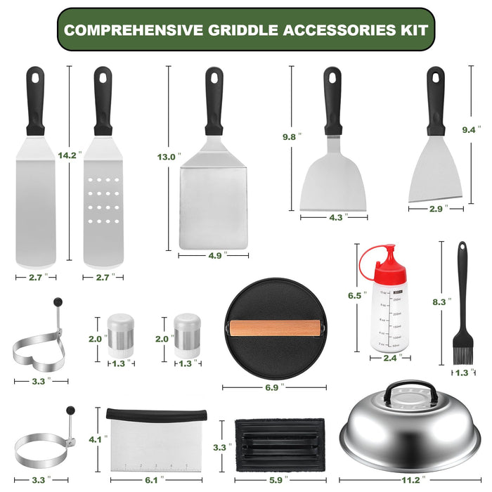 19PCS Griddle Accessories Kit, Stainless Steel Flat Top Grill Accessories Set for Blackstone and Camp Chef, Grill Spatula Set with Enlarged Spatulas, Basting Cover, Scraper for Outdoor Barbecue - Grill Parts America