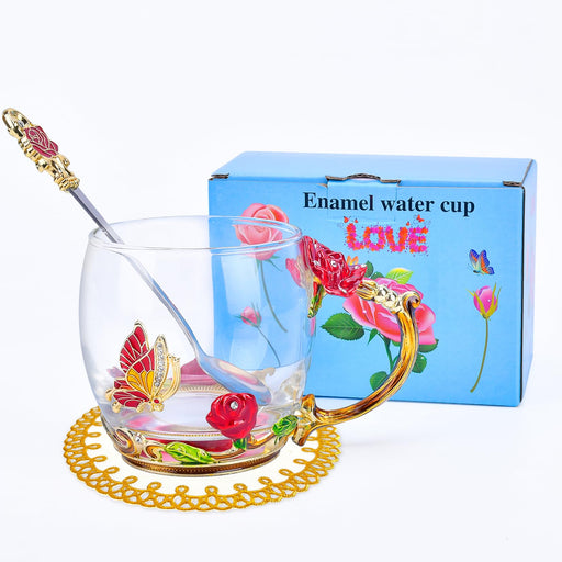 OEAGO Gifts for Mom Women Mothers Day Glass Coffee Enamels Mug Best Birthday Butterfly Rose Gifts for Her from Daughter Son Lead-Free Valentines Day Christmas Red Tea Cup with Spoon Set - Grill Parts America