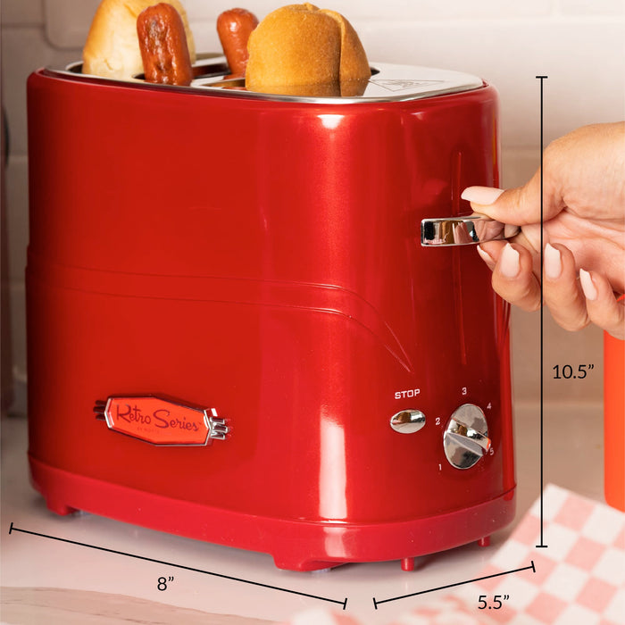 Nostalgia 2 Slot Hot Dog and Bun Toaster with Mini Tongs, Retro Toaster, Cooker that Works Chicken, Turkey, Veggie Links, Sausages Brats, Metallic Red - Grill Parts America