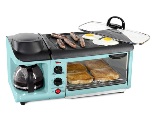 Nostalgia 3-in-1 Breakfast Station - Includes Coffee Maker, Non-Stick Griddle, and 4-Slice Toaster Oven - Versatile Breakfast Maker with Timer - Aqua - Grill Parts America