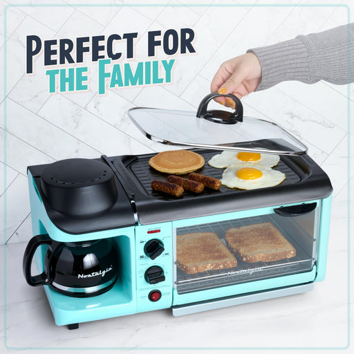 Nostalgia 3-in-1 Breakfast Station - Includes Coffee Maker, Non-Stick Griddle, and 4-Slice Toaster Oven - Versatile Breakfast Maker with Timer - Aqua - Grill Parts America