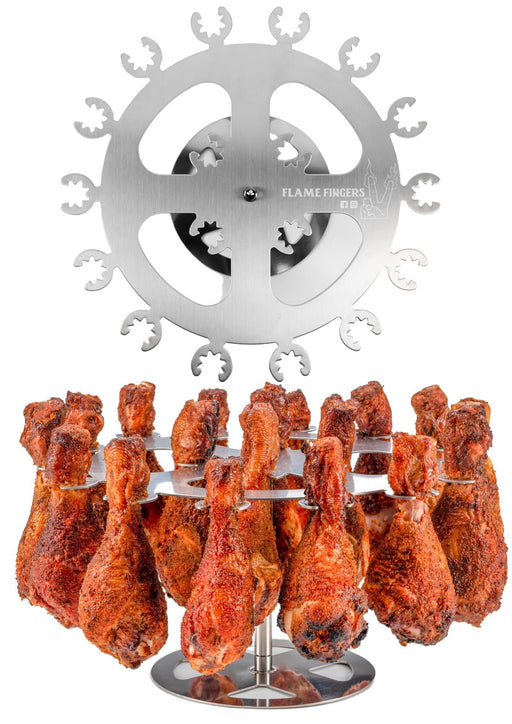 Flame Fingers XL Chicken Grill Rack - Holds 18 Legs, Wings, Thighs, Lollipops or Turkey Drumsticks. Stainless Rotating Design for use on Grills BBQ's Smokers Ovens - Grill Parts America