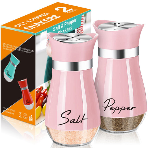 Salt and Pepper Shakers Set,4 oz Glass Bottom Salt Pepper Shaker with Stainless Steel Lid for Kitchen Cooking Table, RV, Camp,BBQ Refillable Design (Pink) - Grill Parts America