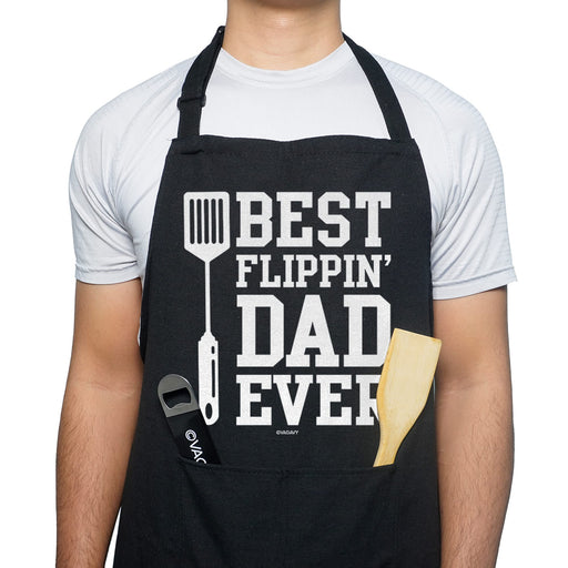 VAGAVY - Best Flippin Dad Ever Dad Apron with Pockets - Bottle Opener and Gift Box Included - Birthday, Father’s Day Grilling Gifts for Papa, Husband - Black Barbeque Apron for Daddy Men - Grill Parts America