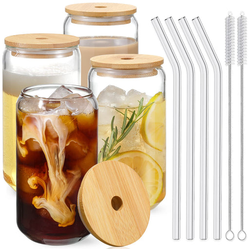 NETANY Drinking Glasses with Bamboo Lids and Glass Straw 4pcs Set - 16oz Can Shaped Glass Cups, Beer Glasses, Iced Coffee Glasses, Cute Tea Cup, Ideal for Cocktail, Whiskey, Gift - 2 Cleaning Brushes - Grill Parts America