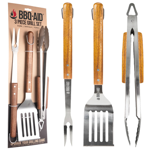 BBQ-AID 3 Piece Grill Set BBQ Accessories - Kitchen Tongs, Metal Spatula & Fork Utensils - Heavy Duty Stainless Steel Barbecue Grill Utensils for Outdoor Grill with Solid Sturdy Wood Handles - Grill Parts America