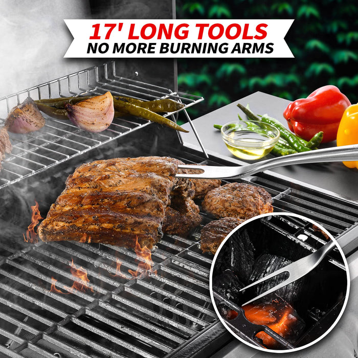 GRILAZ Heavy-Duty Rose Wooden BBQ Grilling Tools Set. Extra Thick Stainless Steel Multi-Function Spatula, Fork & Tongs | Essential Accessories for Barbecue & Grill. Ideal Gift for Father - Grill Parts America