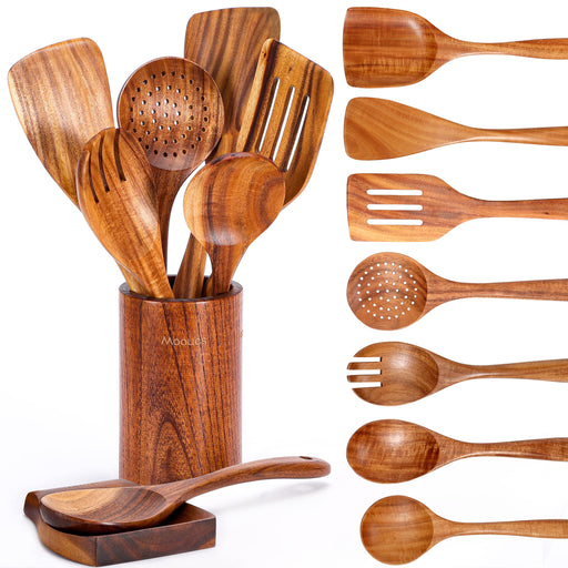 Mooues 9 Piece Natural Teak Wooden Kitchen Utensil Set with Spoon Rest - Comfort Grip Cooking Spoons and Utensils Holder - Grill Parts America