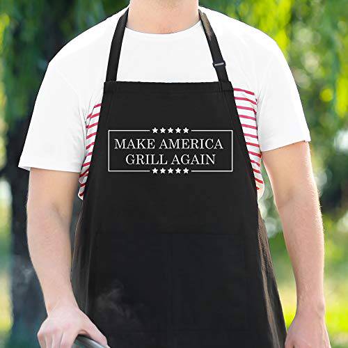 Funny BBQ Apron for Men - Make America Grill Again - Adjustable Large 1 Size Fits All - Poly/Cotton Apron with 2 Pockets - Men's Cooking Apron - Grill Parts America