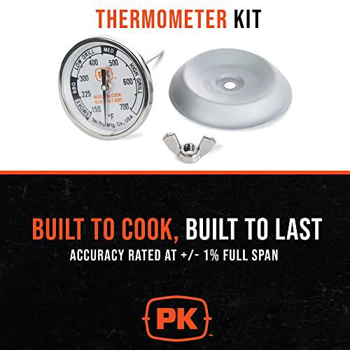 PK Grills PK99085 Thermometer Kit by Tel-Tru, Includes Thermometer, Wing Nut, and Silver Flashing - Grill Parts America