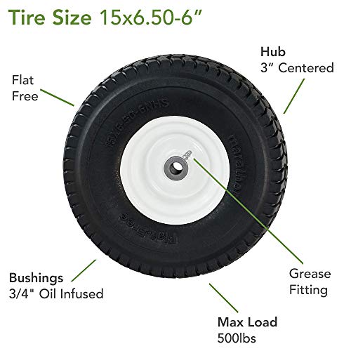 Marathon 30426 15x6.50-6 Flat Free Lawnmower Tire on Wheel, 3