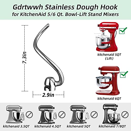 1pc Dough Hook Replacement For KitchenAid 5 Qt - 6 Qt Bowl-Lift Stand  Mixer, Stainless Steel Kitchen Aid Spiral Dough Hook Attachment Stand Mixer