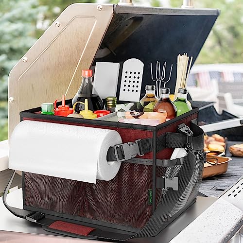 Grill Caddy with Paper Towel Holder, BBQ Caddy for Outdoor Camping Picnic,  Utensil Caddy for Griddle Grilling Tool, Barbecue Condiment Accessories  Storage Organizer with Handle, Patio Camper Must Have