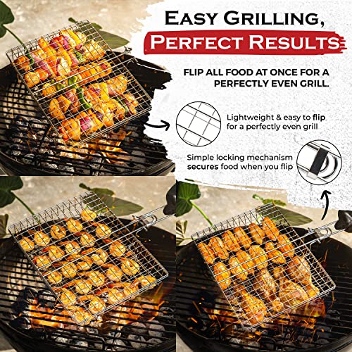 Bar Shape Barbecue Grill Basket Iron and Wood Skewer Basket BBQ