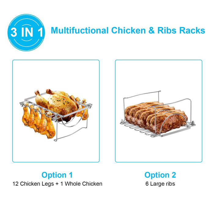 LS'BABQ 3 in 1 Chicken Leg Rack,Rib Rack for Grilling and Smoking,Foldable Smoker Accessories Rack for Oven,Indoor and Outdoor Grilling,Stainless Steel - Grill Parts America