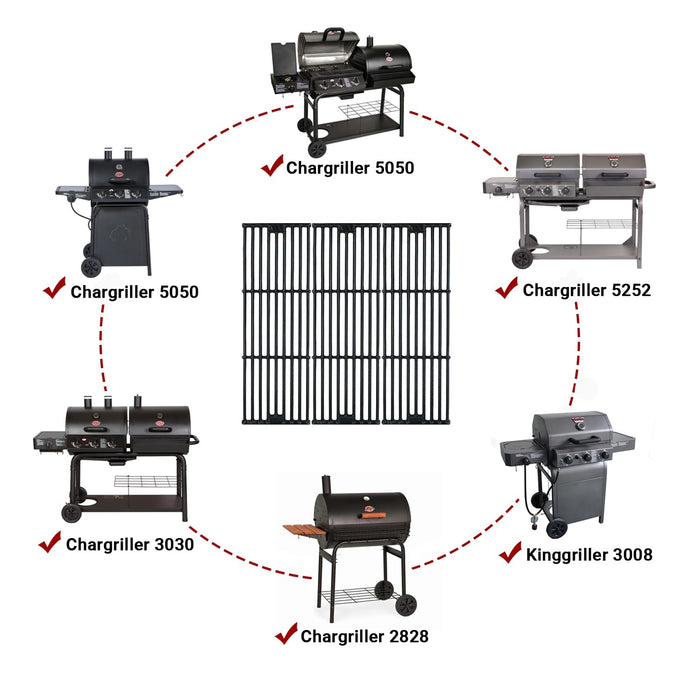 DelyCuise 19 3/4" Grill Grates for Chargriller 5050, 3001, 3030, 5252, 5650, 4000, 2121, 2123, 2222, 2828, 3725 Grill, Replacement Parts for King Griller 3008 Cast Iron Cooking Grill Grate, 3-Pack - Grill Parts America